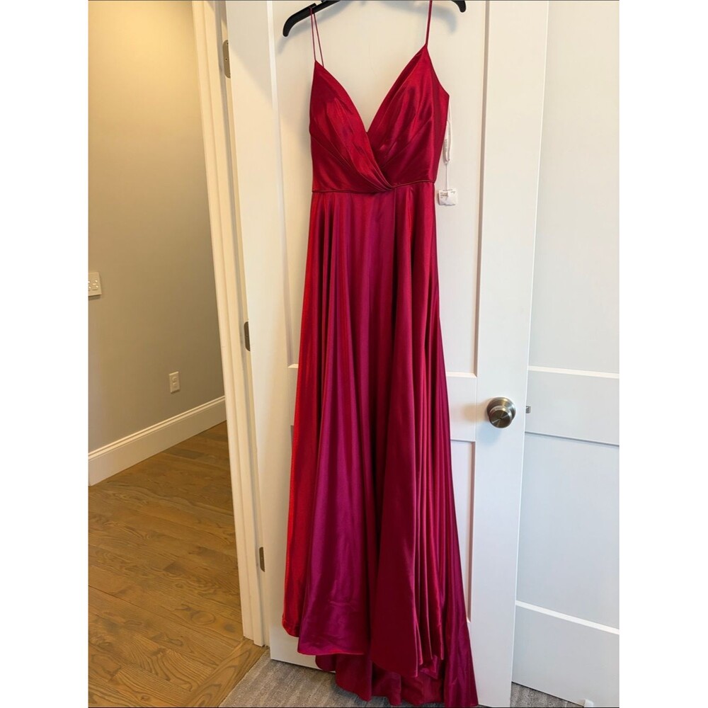 Red Satin Spaghetti Strap Formal Gown